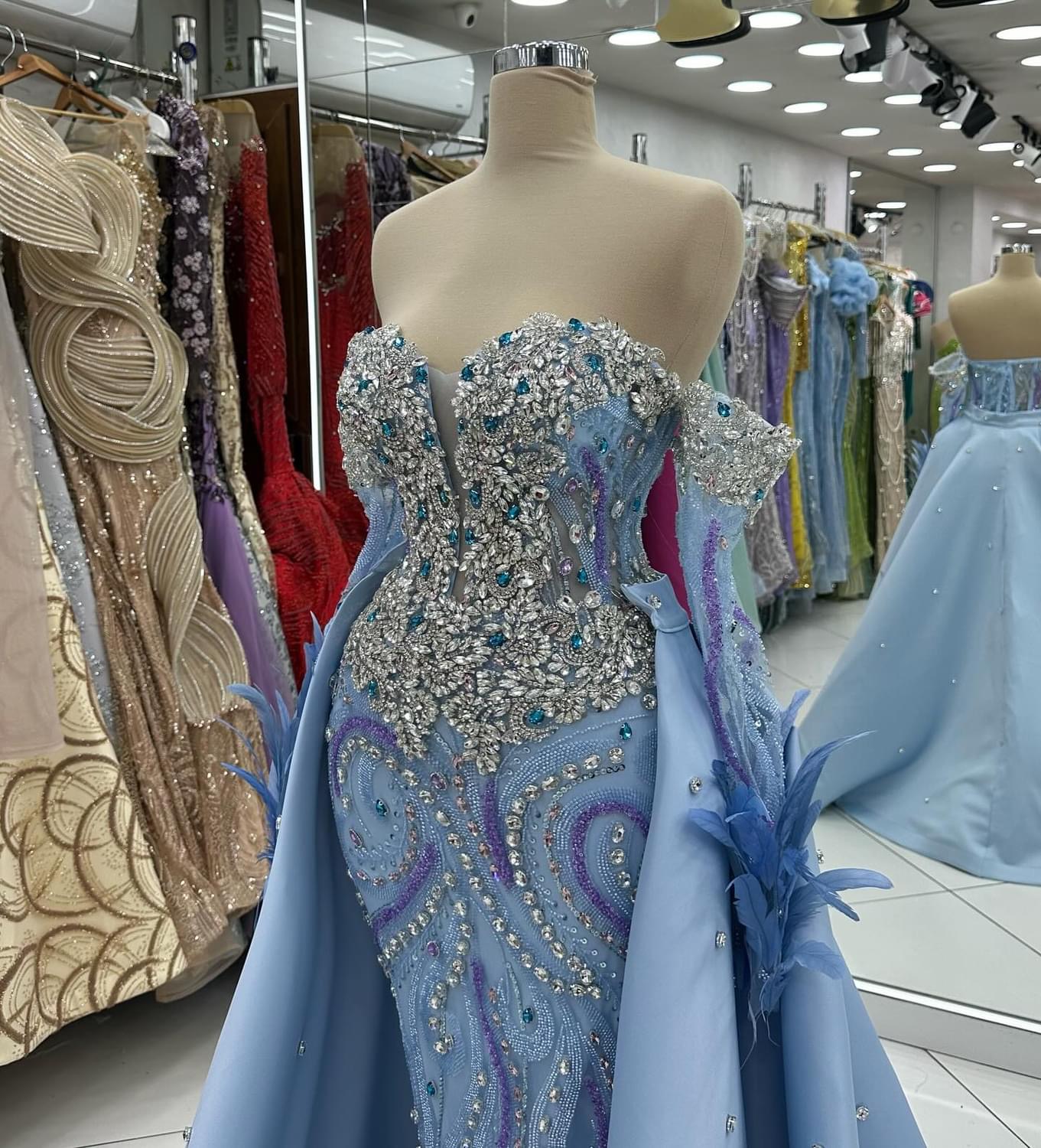 2024 Plus Size Sky Blue Mermaid Prom Dresses For Special Occasions Rhinestones Detachable Train Evening Party Birthday Gowns Dress For Women Vestidos 