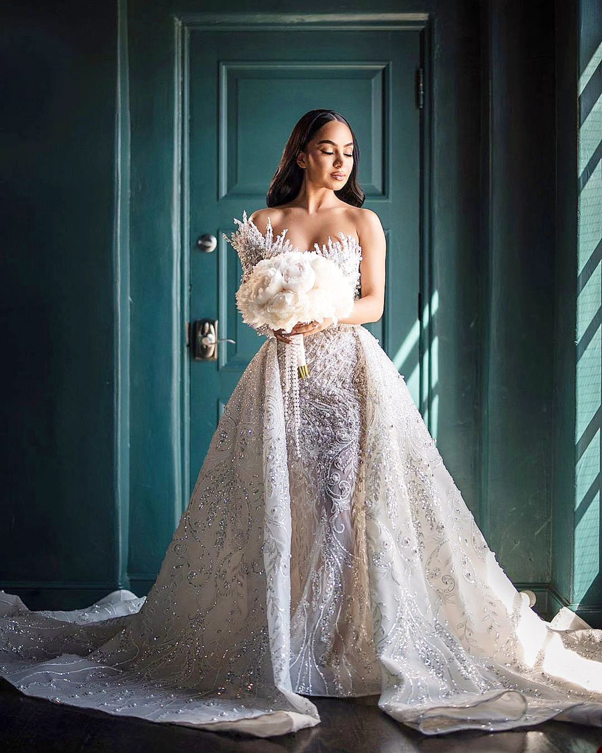 Fashion Pearls Wedding Dresses Mermaid Bridal Gowns With Overskirts One Shoulder Sequins Custom Made Illusion Sweep Train Vestidos De Novia 0218