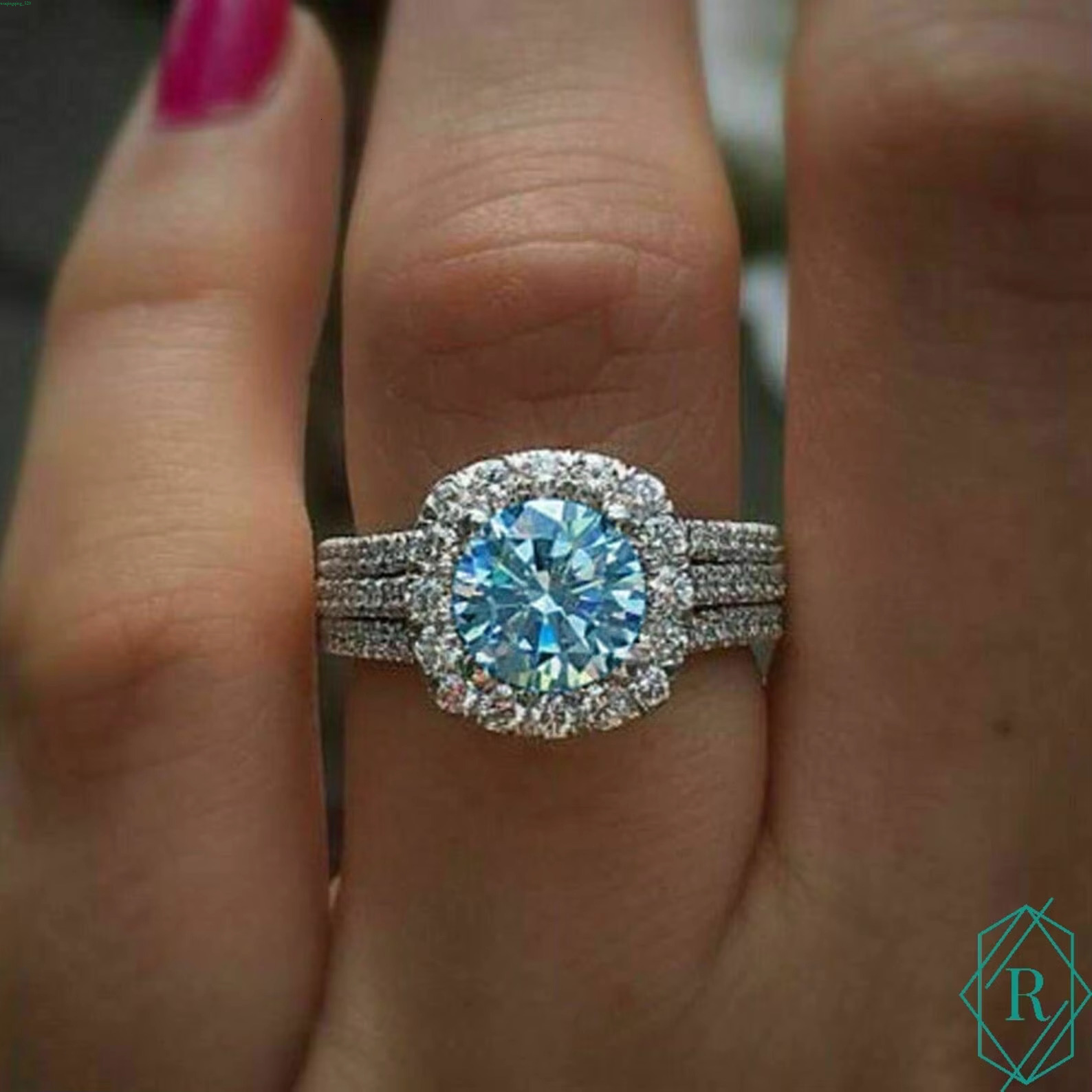 1.50 CT Intense Blue Round Cut Halo Moissanite Engagement Ring gorgeous