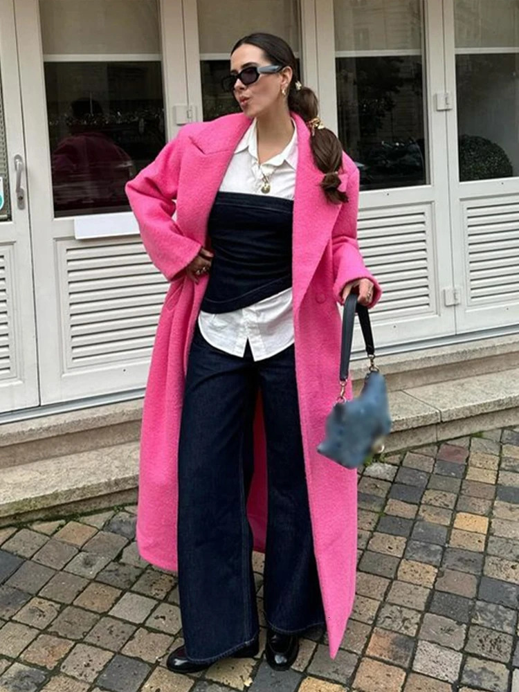 Elegant single corset womens casual lapel long sleeved loose pink coat autumn winter office womens coat 241108