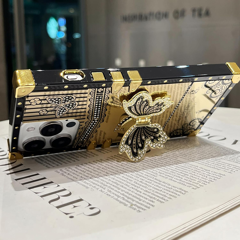 Luxury Glitter Diamond Butterfly Stand Square Cases Stand Metal Corner For iPhone 16 15 14 13 12 11 Pro Max Samsung S21 S23 FE S22 S24 Ultra A15 A35 A
