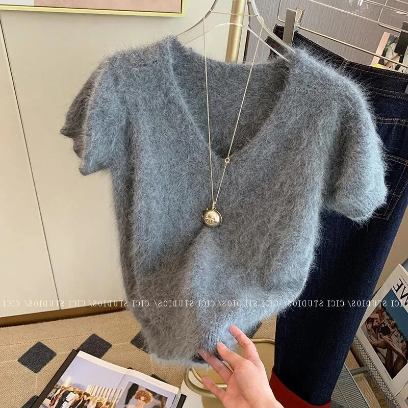 Grey Mohair Knitted Sweater T-shirt Women Summer V-neck Short Sleeve Soft Tees Pullover Casual Vintage Korean Fashion Tops 240410