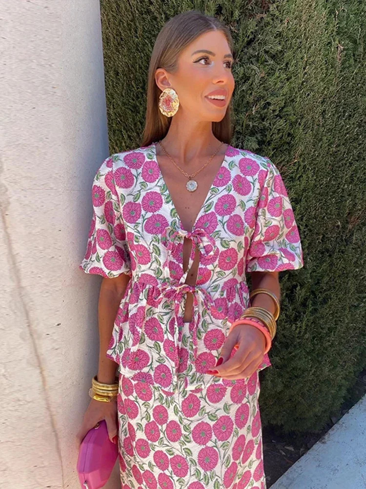 Summer Print Long Skirt Sets For Women 2024 Chic Lace Up V Neck Short Sleeve Shirts High Waist Skirts Lady Beach 2 Pieces 240401