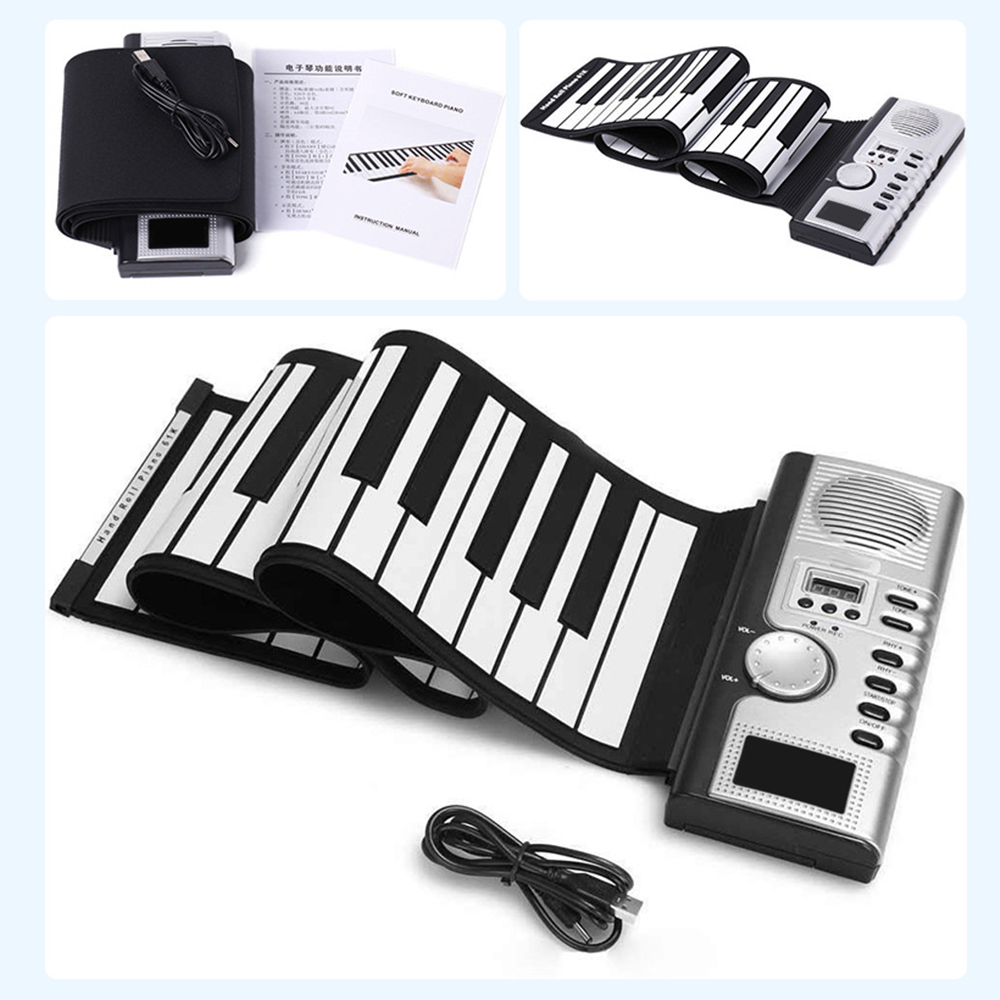 61 Keys Roll Up Piano Keyboard Portable Soft Silicone Electronic Piano with Built-in Speaker LCD Display Recording MIDI Function