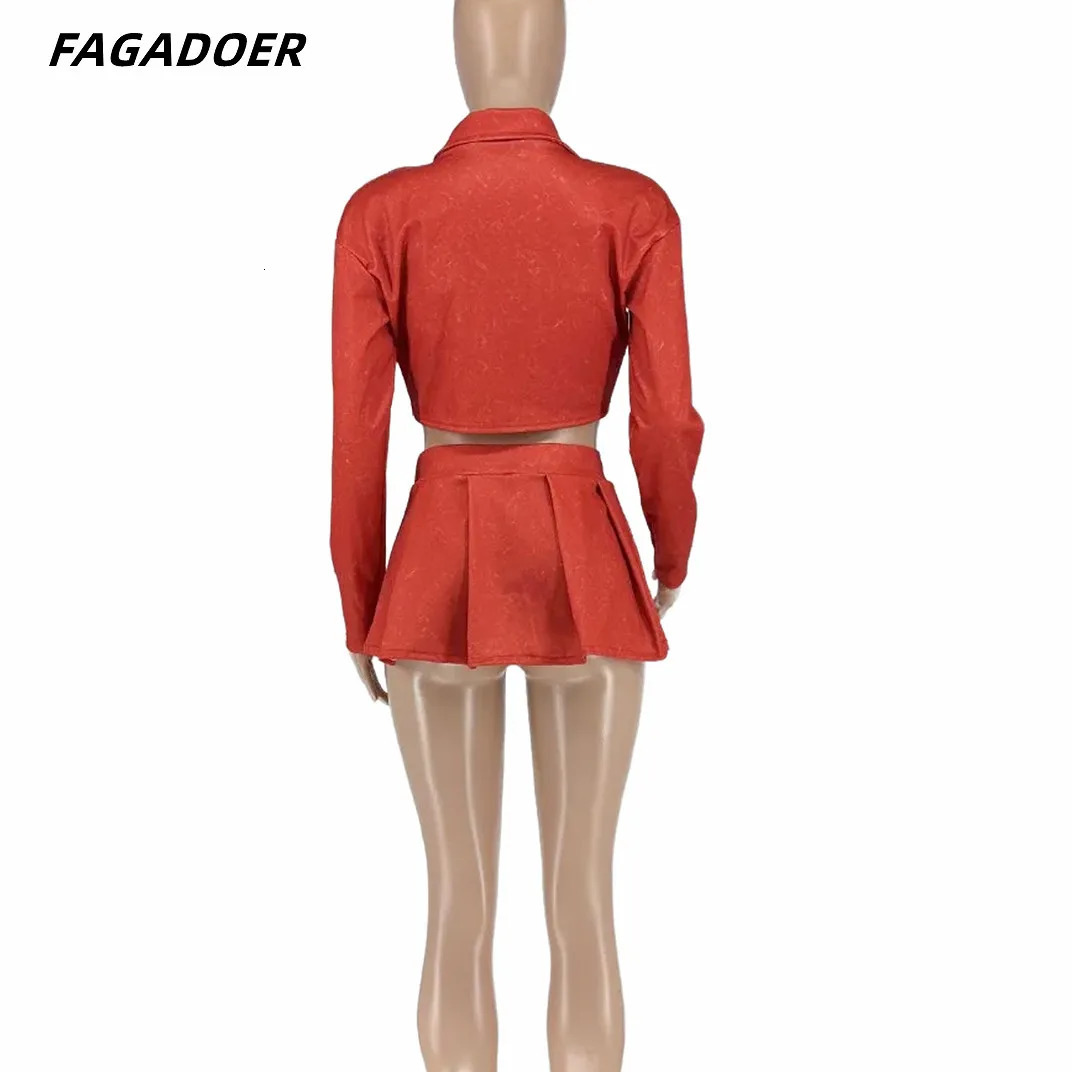 FAGADOER Sexy Y2K Solid Pleated Skirts Three Piece Sets Women VestLong Sleeve Crop Coats Super Mini Outfits Streetwear 240329