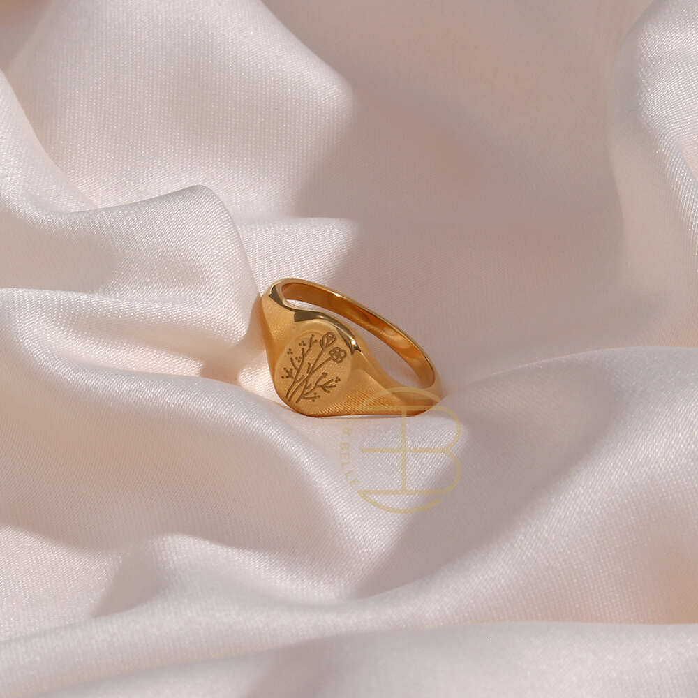Tarnish Free E.B.belle Stainless Steel Gold Plated Engraving Wildwer Tea Leaf Lavender Suower Signet Rings For Women