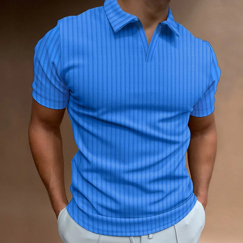 Europe And The United States Summer POLO Shirt Solid Color Casual Short Sleeve Lapel V Line Striped Mens Tshi 240328