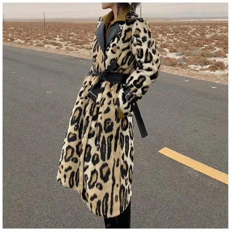 Winter Splicing Leopard Pattern Plush Coat Womens Long Eco Friendly Fur Coat 241108