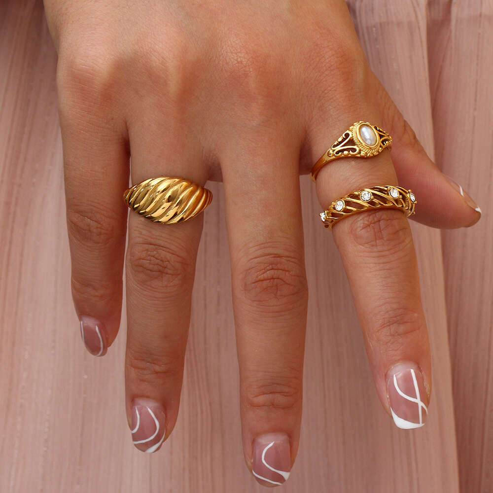 Thin Plated E.B.belle Hollow Texture Natural Freshwater Pearl Rings For Women Stainless Steel Tarnish Free Gold Ring