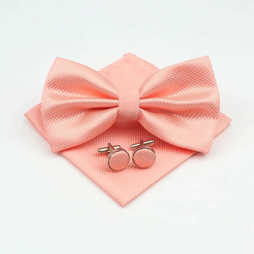 Mens Formal Solid Color Polyester Bowtie Pocket Square Cufflinks Sets Bow Tie Handkerchief Cuff Links Lots Three Piece SetX241109