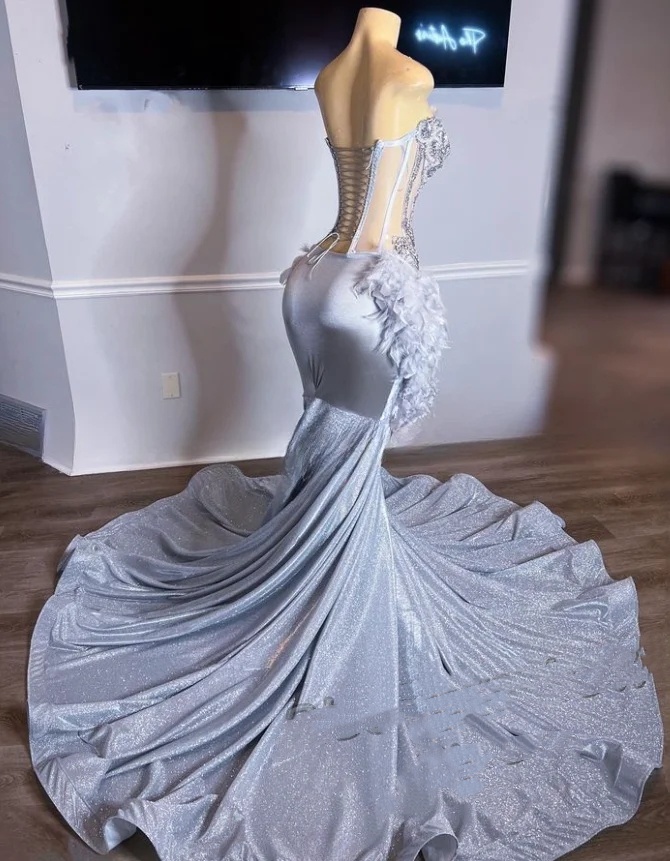 Sier Sparkling Long Prom Dresses For Black girls 2024 With Feathers Beaded Mermaid Birthday Party Gowns Vestidos De Novia