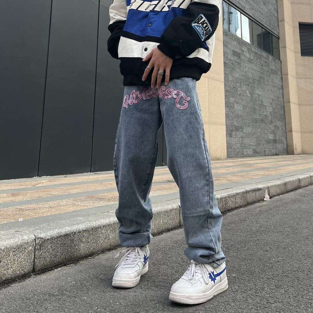 Y2k Retro Print Alphabet Star Jeans Men Women Hip-Hop High Street Spring And Autumn Loose Straight Drag Casual Pants