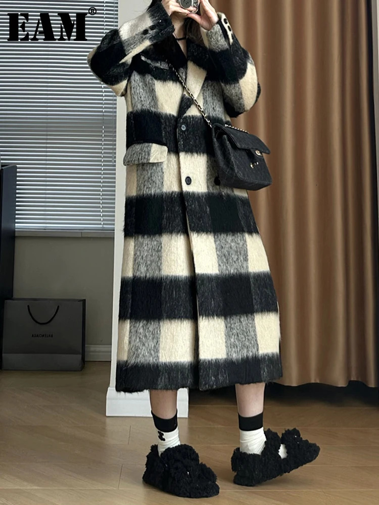 EAM plain weave thin shoulder strap long wool coat loose fit collar long sleeved womens jacket fashionable trend winter 30A2342 241108