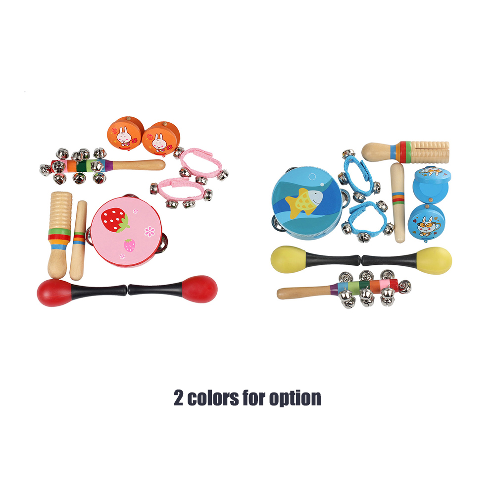 New 10pcs/set Musical Toys Orff Instruments Sets Band Rhythm Kit Including Tambourine Maracas Castanets Handbells for Kids