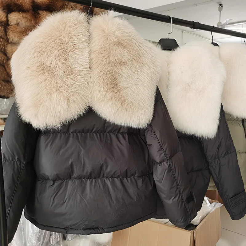 Maomaokong loose real fox fur collar white duck down jacket womens winter inflatable jacket oversized wool jacket 241108