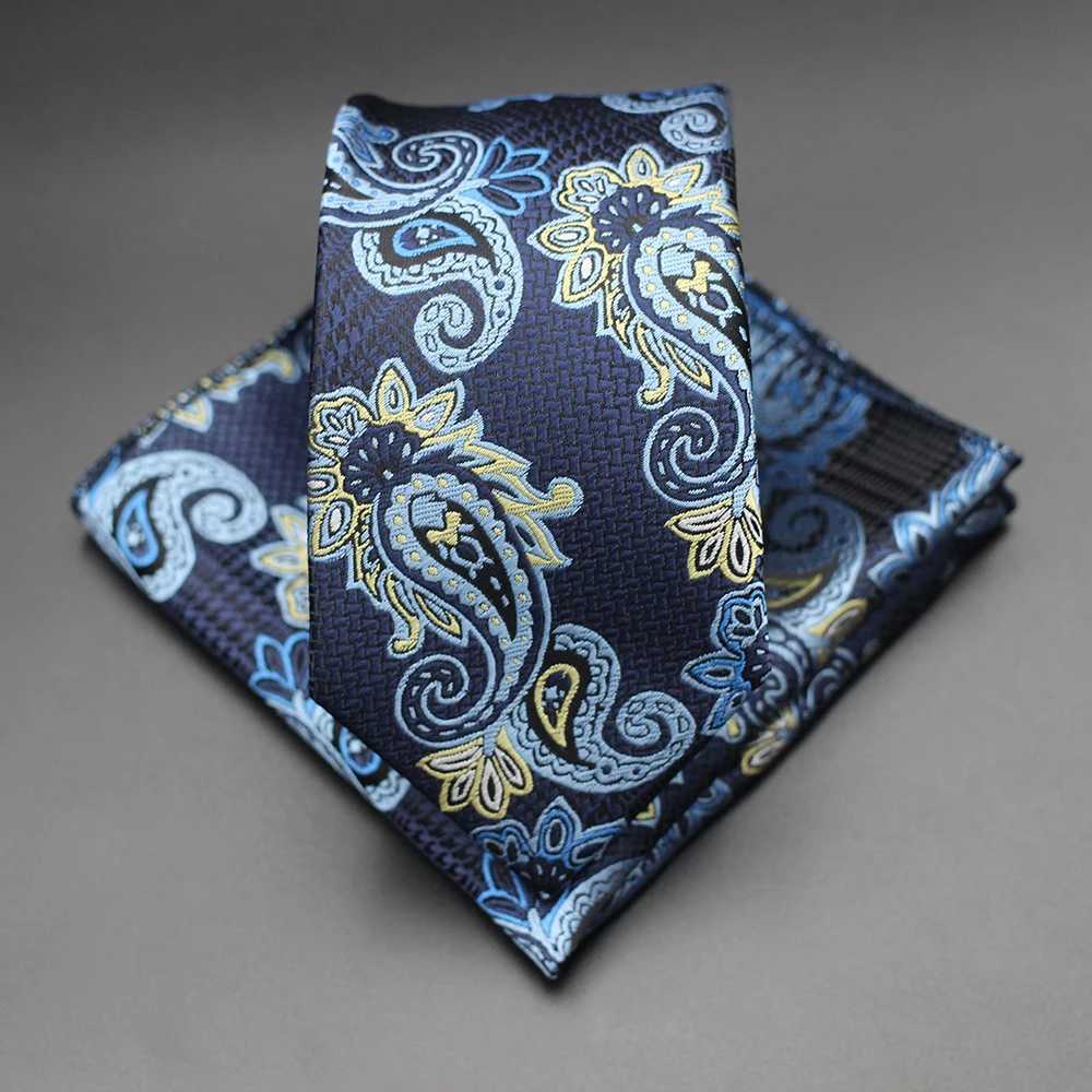 7CM Jacquard Necktie Paisley Floral Mens Tie Top Quality Blue Green Busin Tie Pocket Square Set Classic For Men GiftX241109
