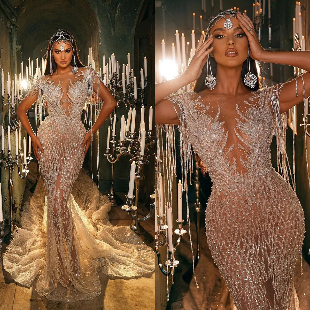 Glitter Mermaid Wedding Dresses See Through Bridal Gowns Pearl Sequins Tassel Rhinestone Custom Made Illusion Monarch Train Vestidos De Novia