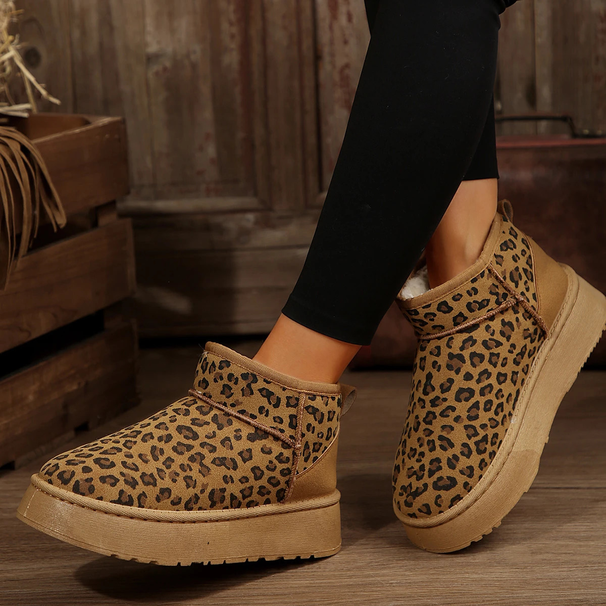 Womens Platform Shoes Winter High Quality Slip-on Snow Boots Leopard Print Daily Boots Round Toe Ankle Boots Women 241108