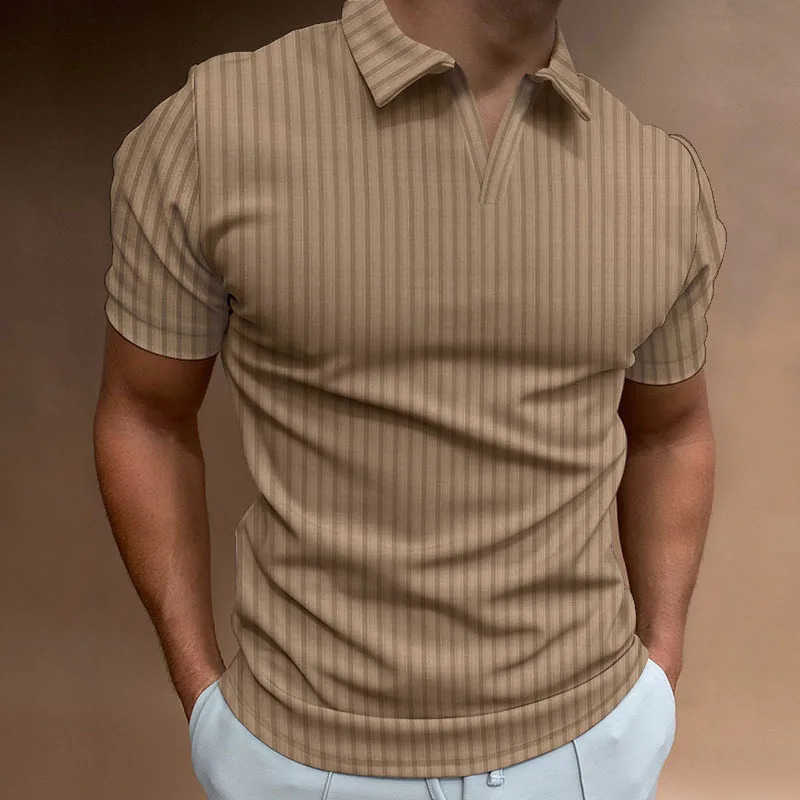 Europe And The United States Summer POLO Shirt Solid Color Casual Short Sleeve Lapel V Line Striped Mens Tshi 240328