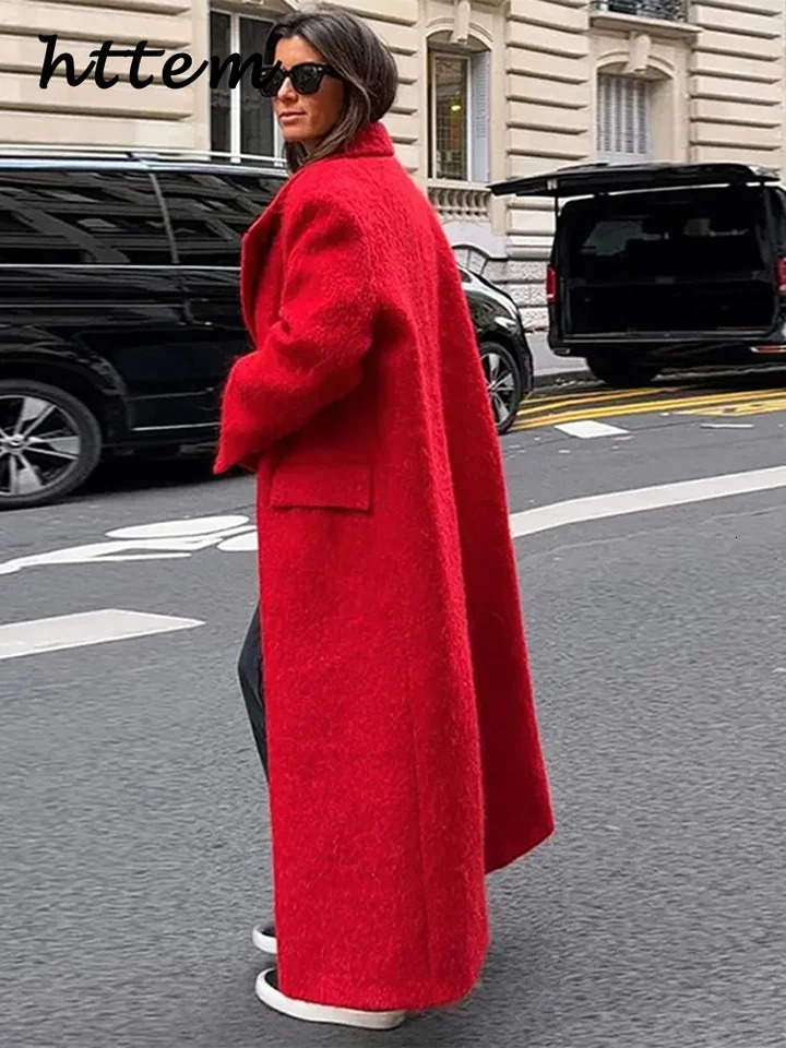 Street Wool Blended Womens Long Red Coat Loose Collar Single Chest Pocket Coat Autumn Winter Womens Solid Street Clothing 241108