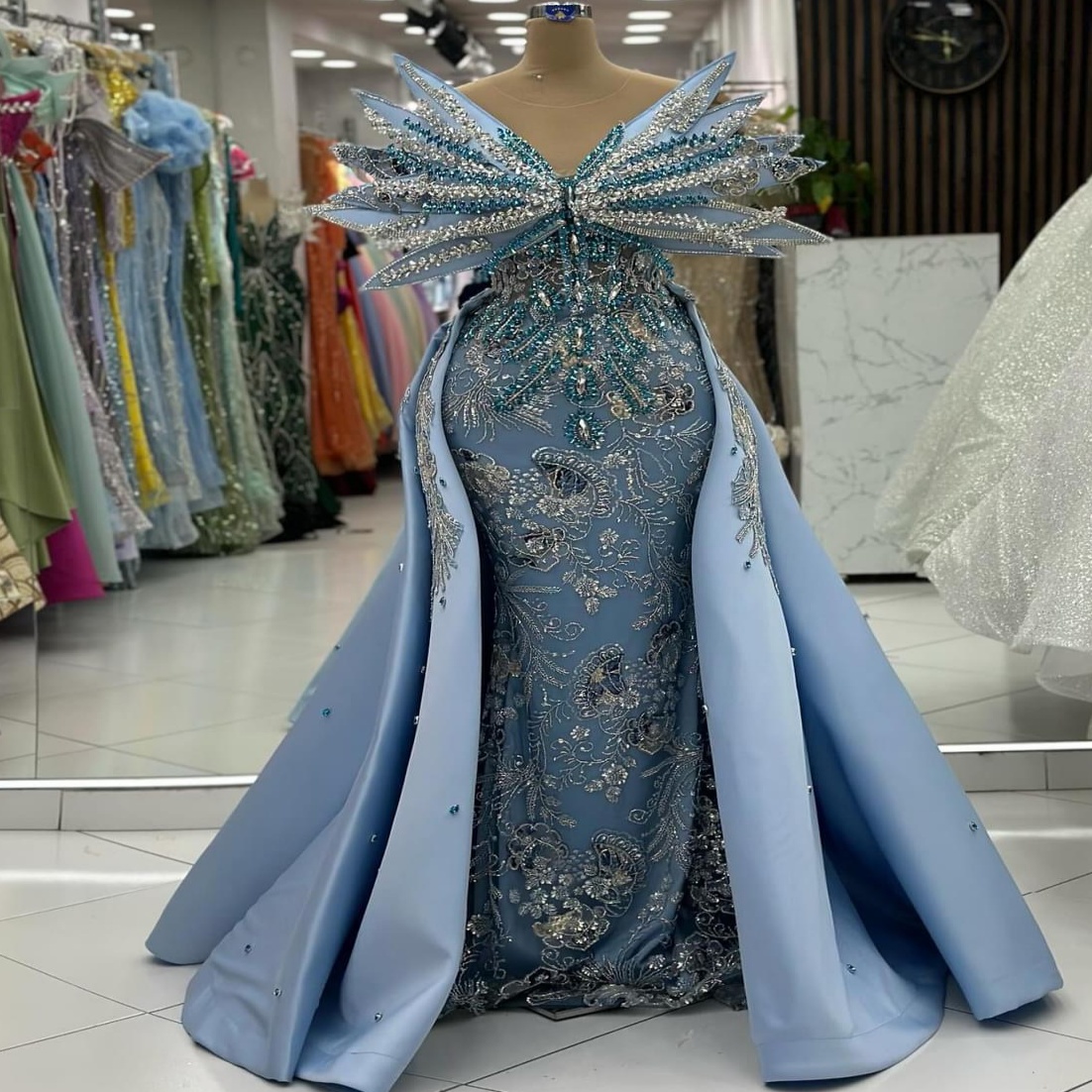 2024 Plus Size Sky Blue Mermaid Prom Dresses For Special Occasions Florals Rhinestones Sequined Lace Evening Party Birthday Gowns Dress For Women Vest