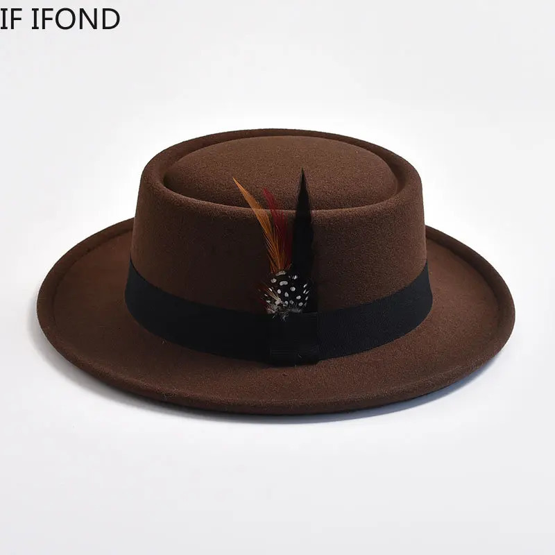 Vintage Pork Pie Hat Mens Rolled Brim Felt Fedora Hat with Feather Gentleman Church Cap Trilby Jazz Hats 240322