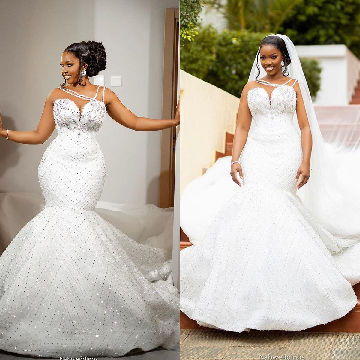 Glamorous Crystal Wedding Dresses Mermaid Bridal Gowns Sequins Sleeveless Custom Made Slim Rhie Sweep Train Vestidos De Novia 0219