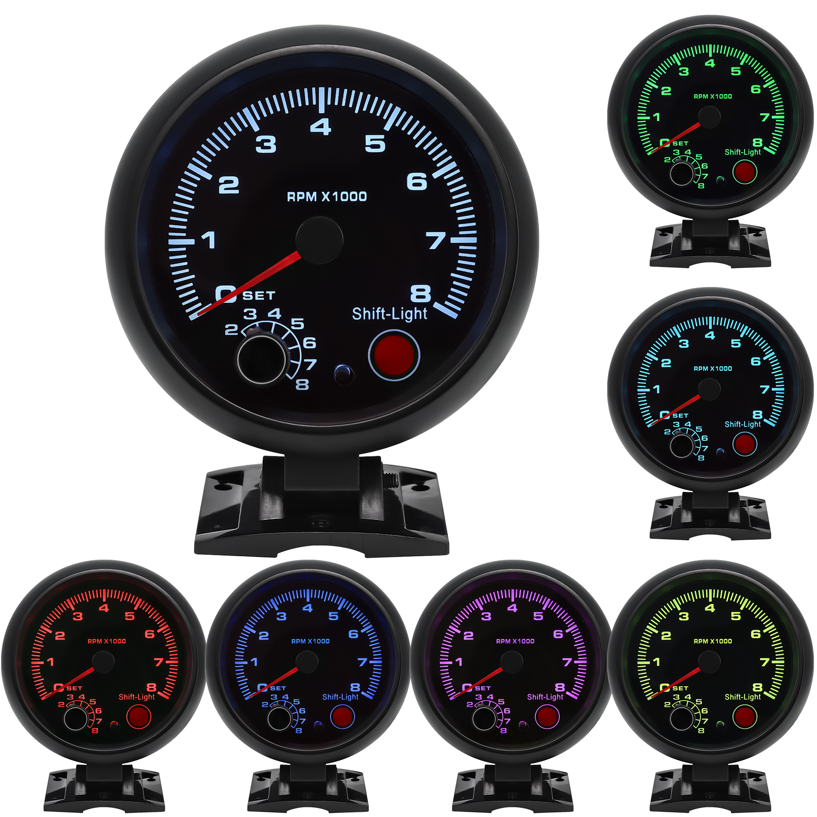 3.75" 95mm Black/Silver Tachometer with Shift Light For 12V 4/6/8 Cylinder Car RacingTacho Gauge Meter 0-8000rpm 7 Color LED