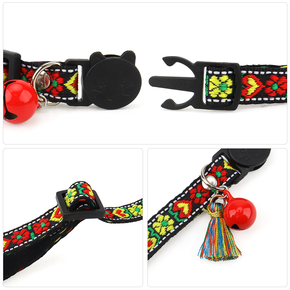 Adjustable Cat Collar, Jacquard Embroidered Plaid Cat Collar with Bells and Floral Pendant Prevent Loss Fits Pet Cats & Puppies