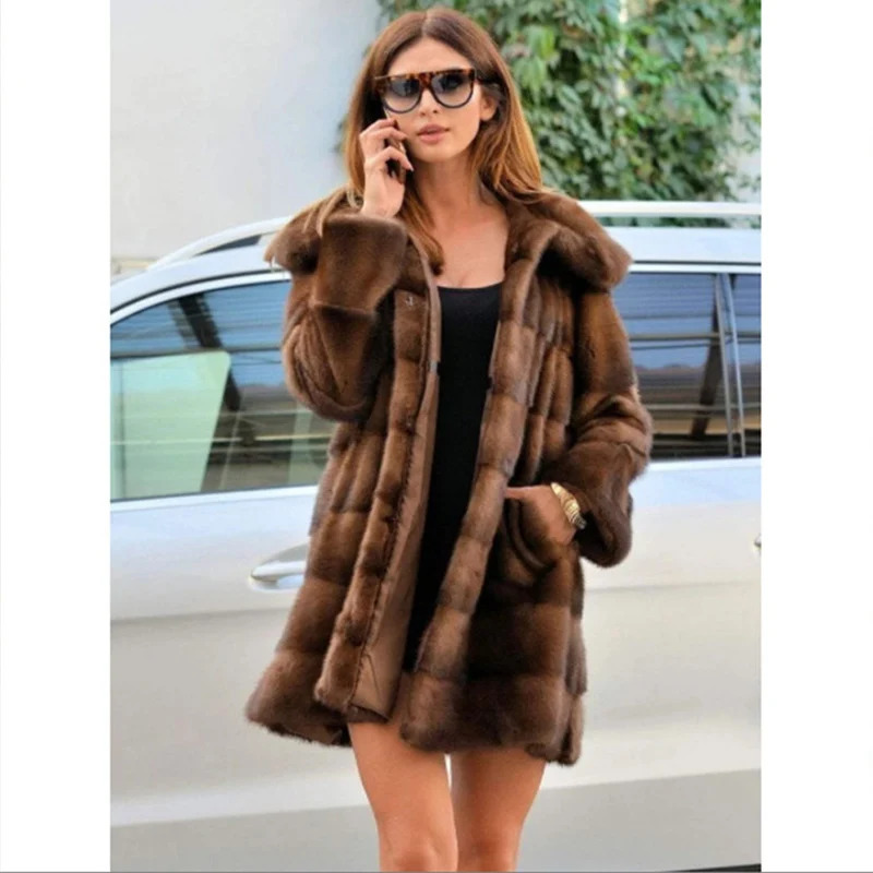 Womens mint fur coat medium length hooded fur coat plus size casual warm and loose in winter 241108