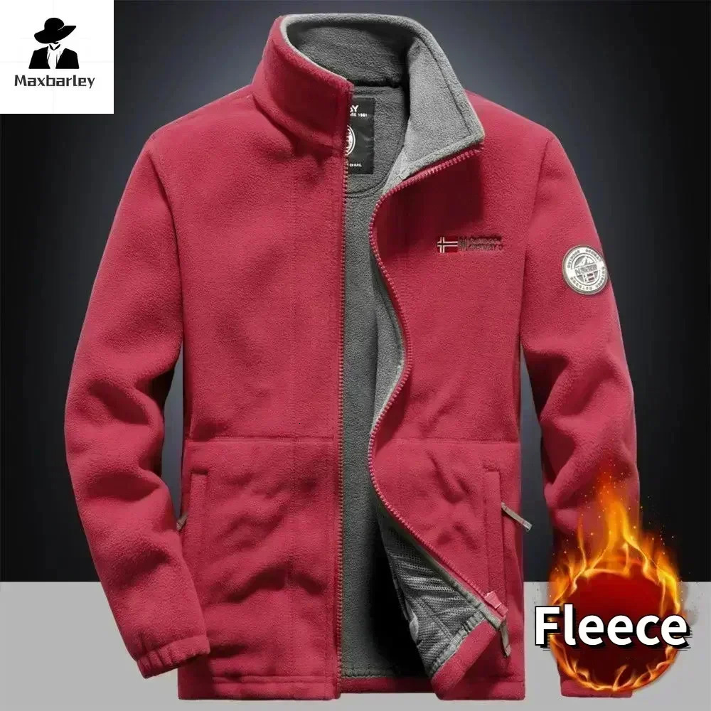 Winter Warm Fleece Jacket Mens Climbing Double Thickened Pocket Outdoor High Collar Windproof Ski Sweatshirt Coat Men 241120
