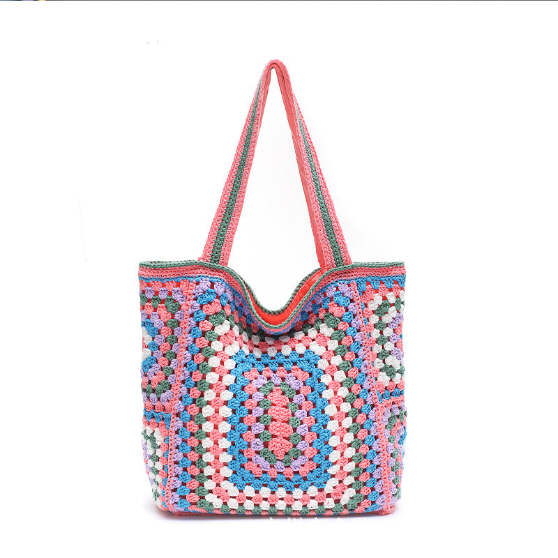 Knitted Bohemian Colorful Shoulder Beach Women Handbag Weekend Travel Large Capacity Tote Knitting Shopping Bag High Quality