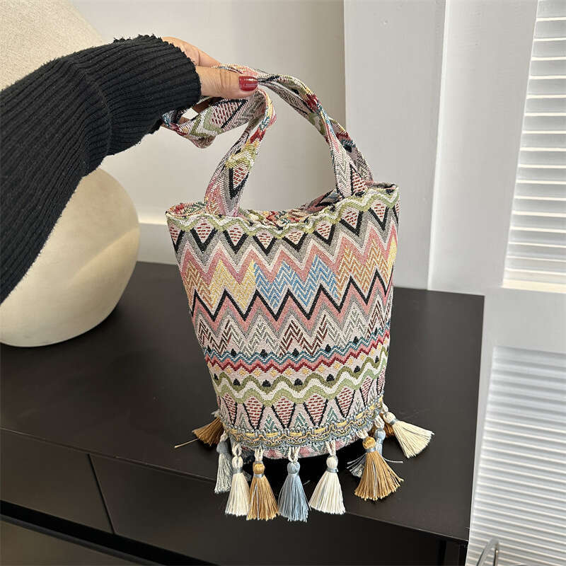 Ethnic Style Su Large Capacity Women's 2023 New Fashion Striped Handheld Leisure Single Shoulder Chinese Feng Shui Bucket Bag