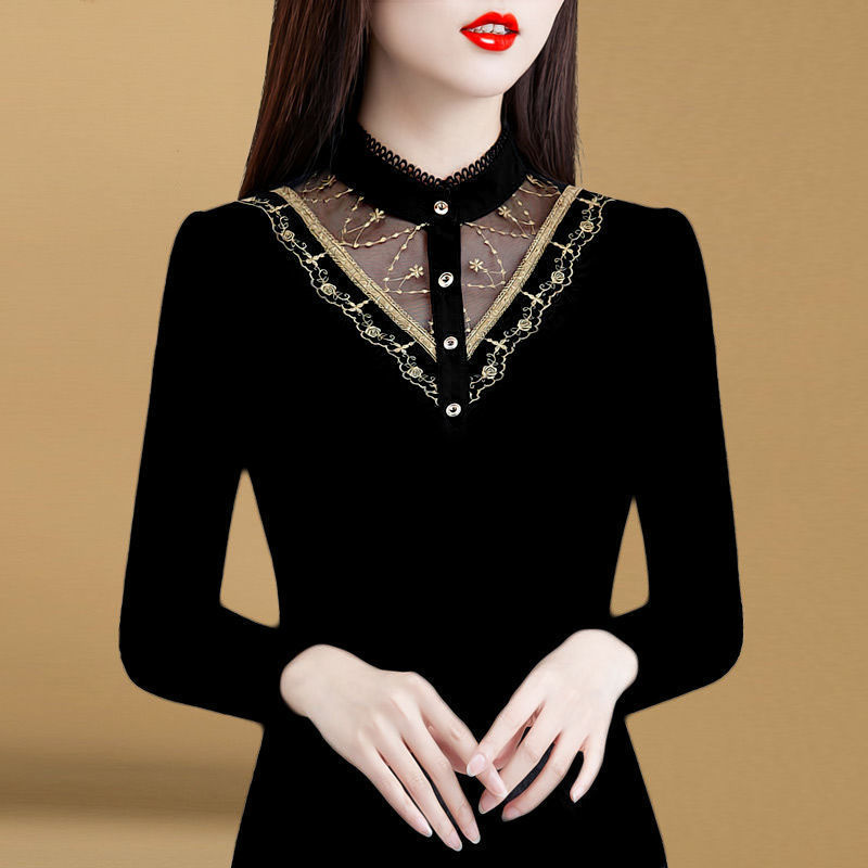 Slim Stretch Korean Bottoming Shirt 2025 Warm Autumn new and Winter New Thin/veet Padded Black Lace Blouse T Shirt 5XL
