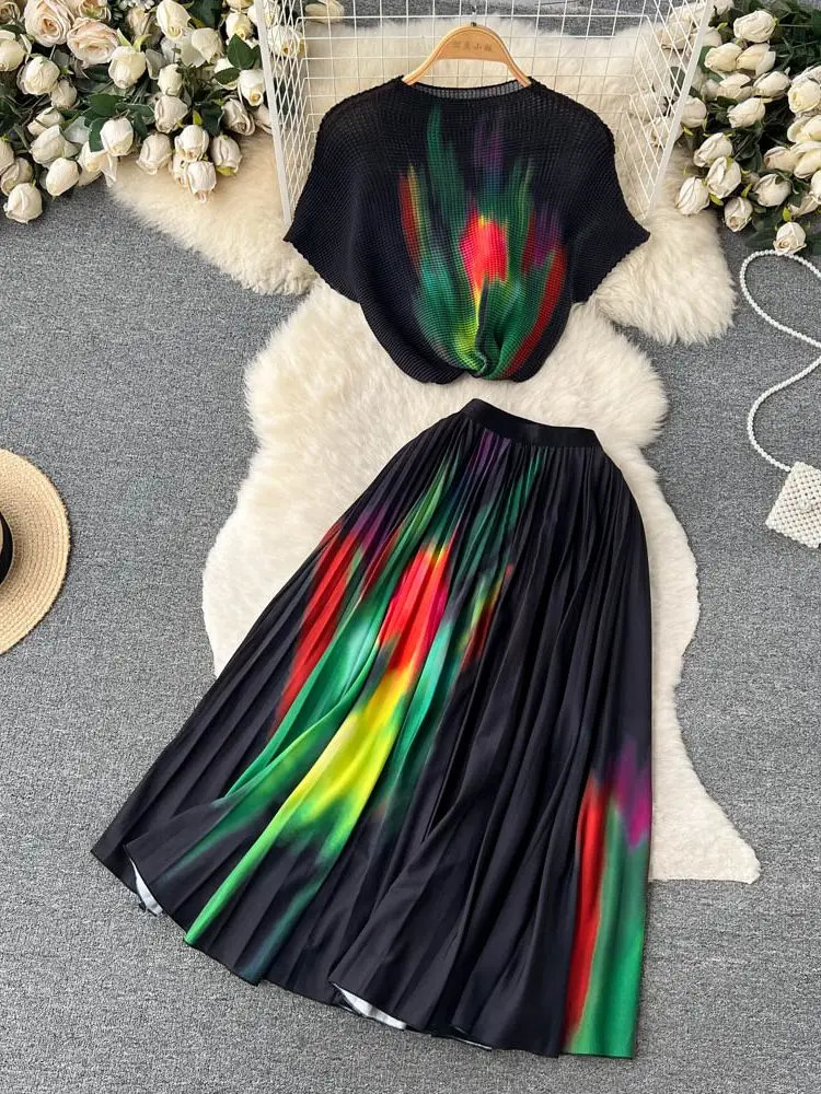 Summer Runway Pleats Floral Print Two Piece Set Women Half High Collar Stretch TopElastic Waist Long Pleated Skirt Outfits 240329