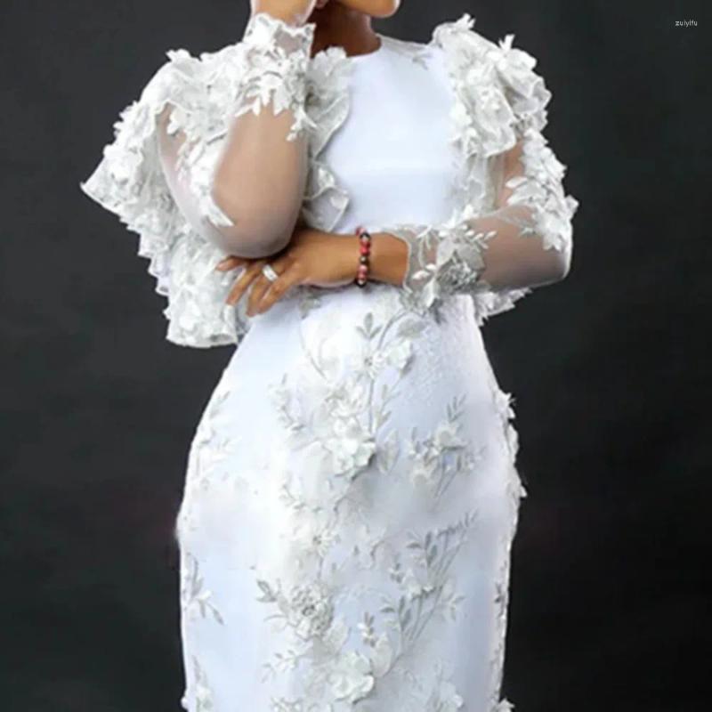 Casual Dresses Woman Clothing 2024 Embroiled Petals Lace Ruffles Long Sleeves Waist And Hip Wrap Loose White Africa Wedding