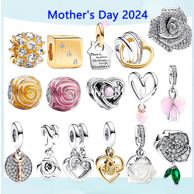 2024 New 925 Silver White Rose Pendant Mother's Day Gift Love Charm Suitable for DIY Women's Jewelry Bracelet Free Delivery