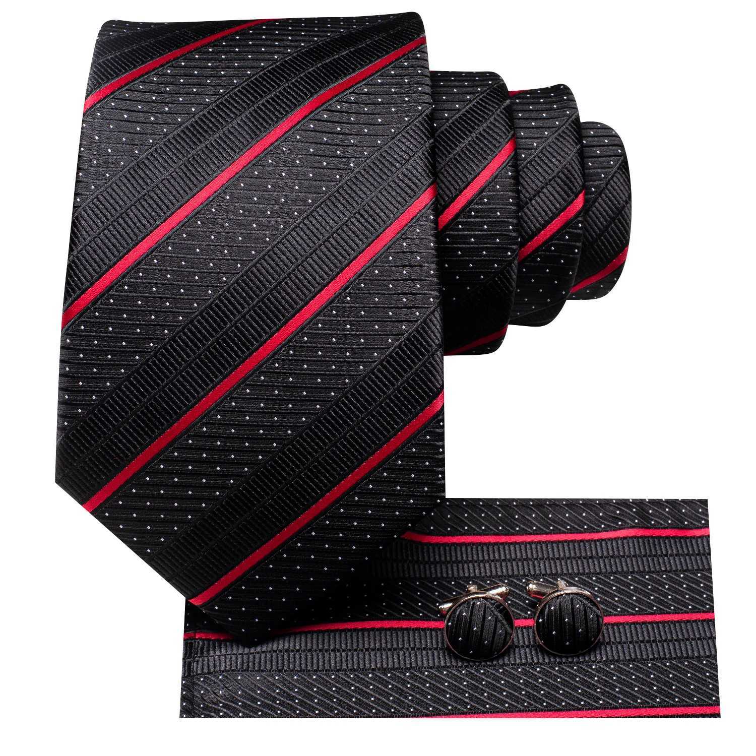 Hi-Tie Designer Black Red Striped Silk Wedding Tie For Men Handky Cufflink Gift Men Elegant Necktie Set Fashion Busin PartyX241111
