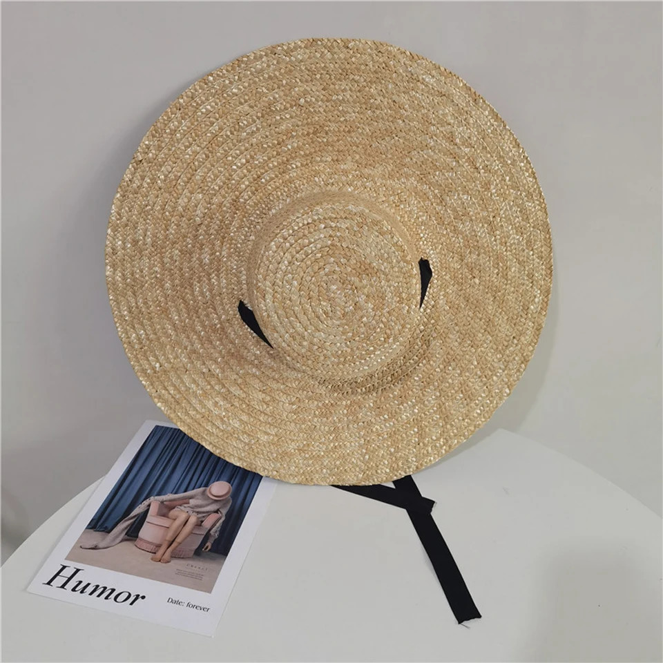 Women Raffia Wide Brim Boater Hat 15cm 18cm Straw Flat Summer With White Black Ribbon Tie Sun Beach Cap 240410