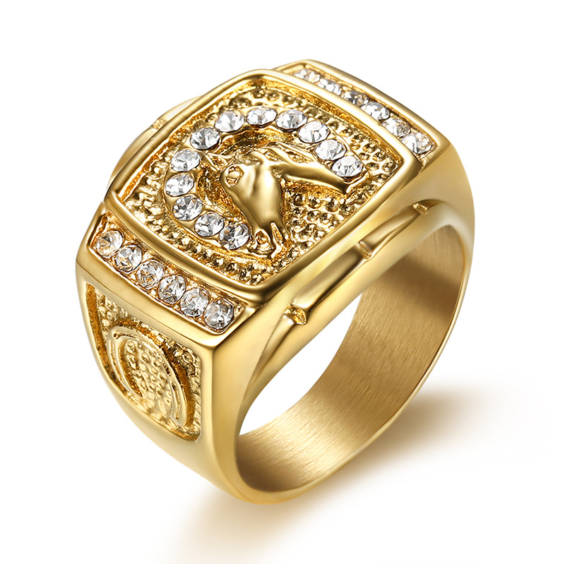 Hip Hop Stainless Steel Horse Head Casting Ring Gold Plated Gold Silver Color with Zircon