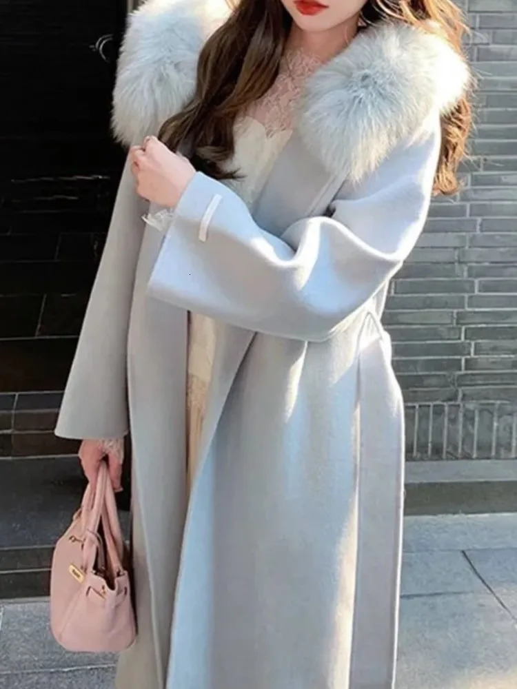 Womens elegant pink sweet wool jacket fur collar casual loose fit Korean style warm jacket with winter hooded Christmas jacket 241108