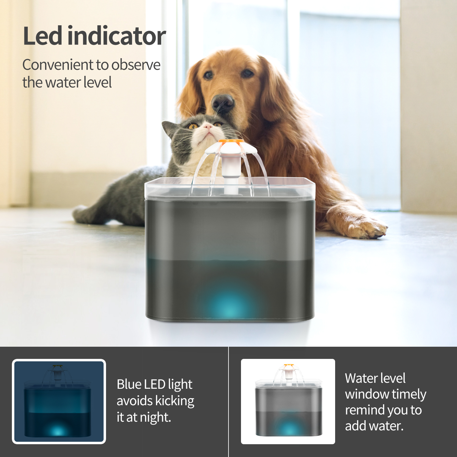 Cat Water Fountain Ultra Quiet Automatic Drinking Water Dispenser Pet Water Fountain with LED Light 2L Capacity with Filter