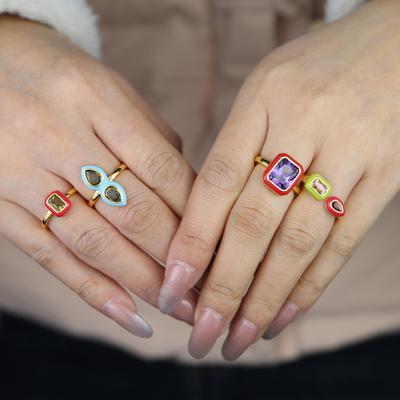 Pastel Enamel Geometric Bezel Band Rectangle 5A Cubic Zirconia CZ Sparking Engagement Band Ring for Women Fashion Jewelry