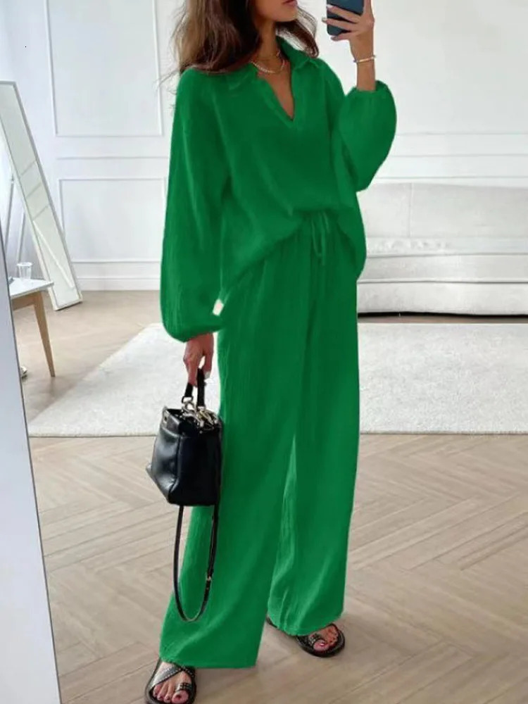 2024 Womens Autumn 2 Piece Outfits Vneck Long Sleeve Shirt Loose Wide Leg Pants Linen Lounge Sets with Pockets 241108