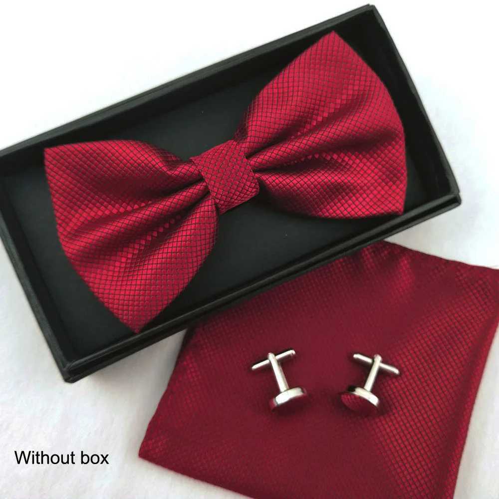 Bow Set 3ps Cufflinks Pocket Square Solid Color Check Bowtie For Men Party Wedding Fashion Butterfly Shirt Tie WholesaleX241109