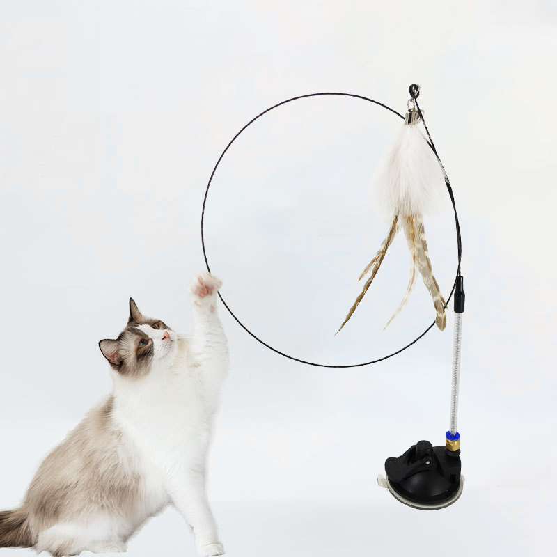 Funny Cat Stick Teasing Toy Interactive Playing Teaser Wand with Suction Cup Simulation Feather Self-hi Cat Toys Cat Supplies