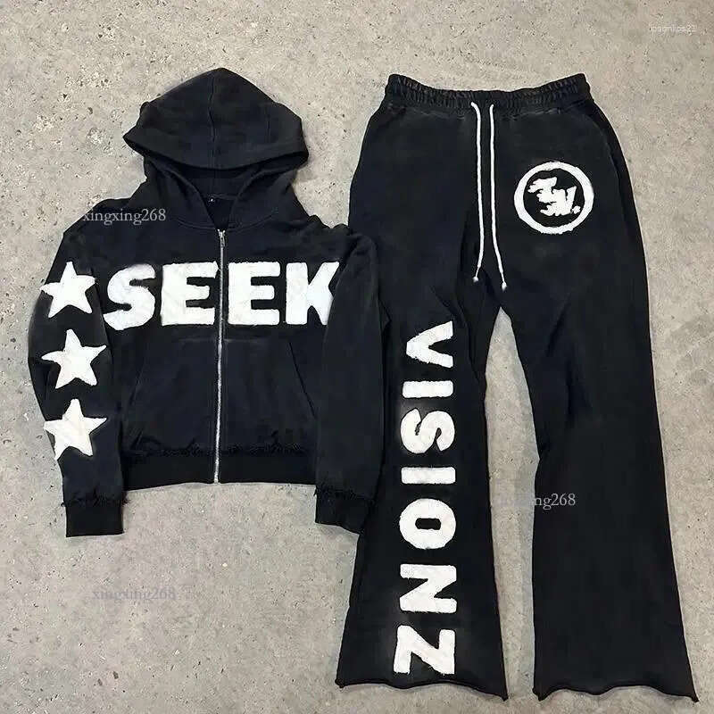 Men's Pants Y2K Hooded Sweatshirt Hip Hop Gothic Letter Patch Designs Streetwear Zip Up Hoodie Vintage Graphic American Retro Trousers