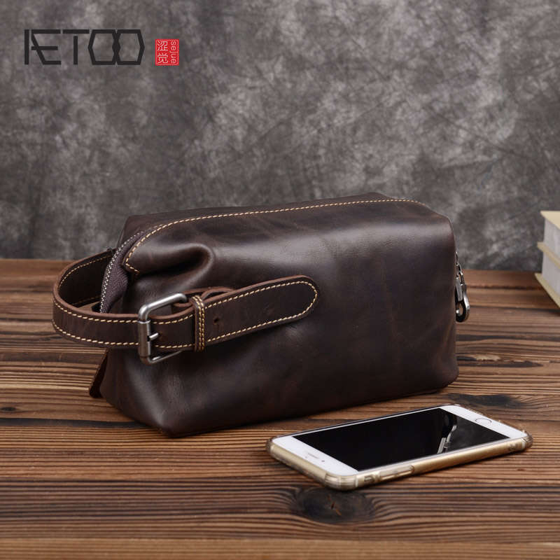 vintage handmade crazy horse mens leather largecapacity clutch multifunction storage bag