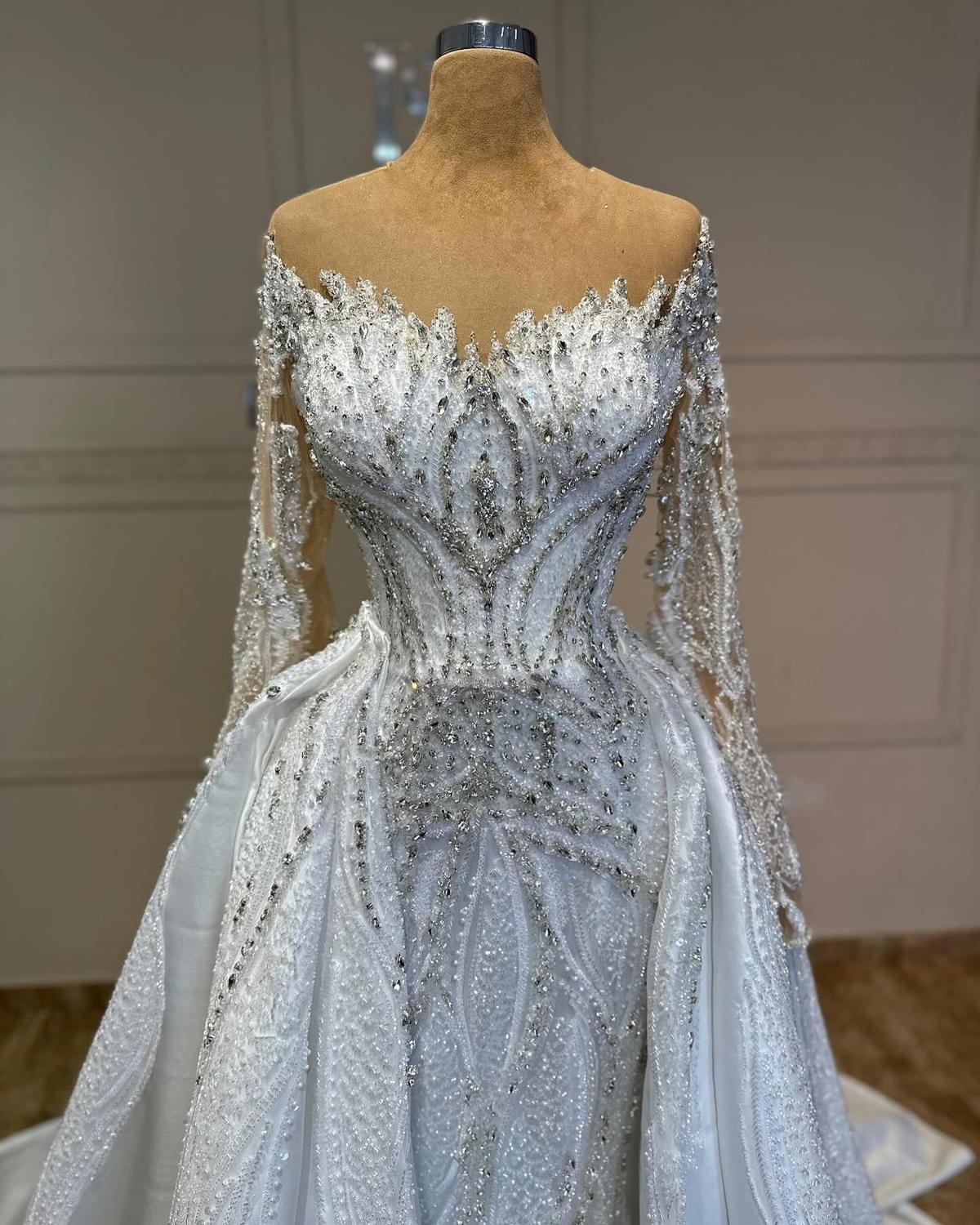 2024 Arabic Aso Ebi Off White Luxurious Mermaid Wedding Dresses Rhinestones Detachable Sequined Lace Vintage Bridal Gowns Dress ZJ033