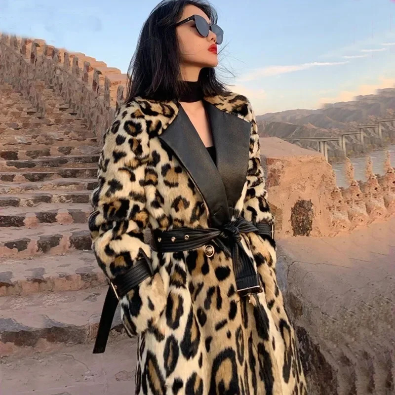 Winter Splicing Leopard Pattern Plush Coat Womens Long Eco Friendly Fur Coat 241108